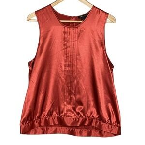 BCBG MAXAZRIA Chic Satin Pleated Sleeveless Top Womens XL Bold Rhinestone Button